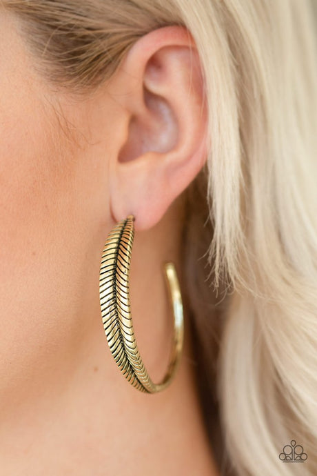 Funky Feathers - Brass Feather Hoop Earrings